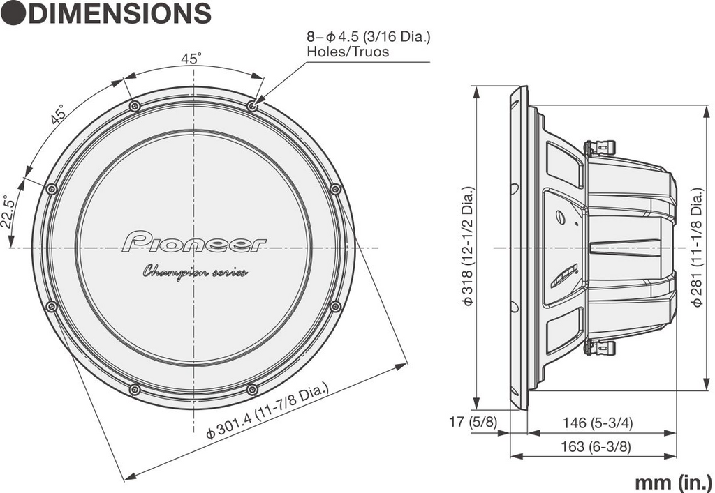 Pioneer TS-W32D4, 12-tums / 300 mm subwoofer, 2 × 4 ohm