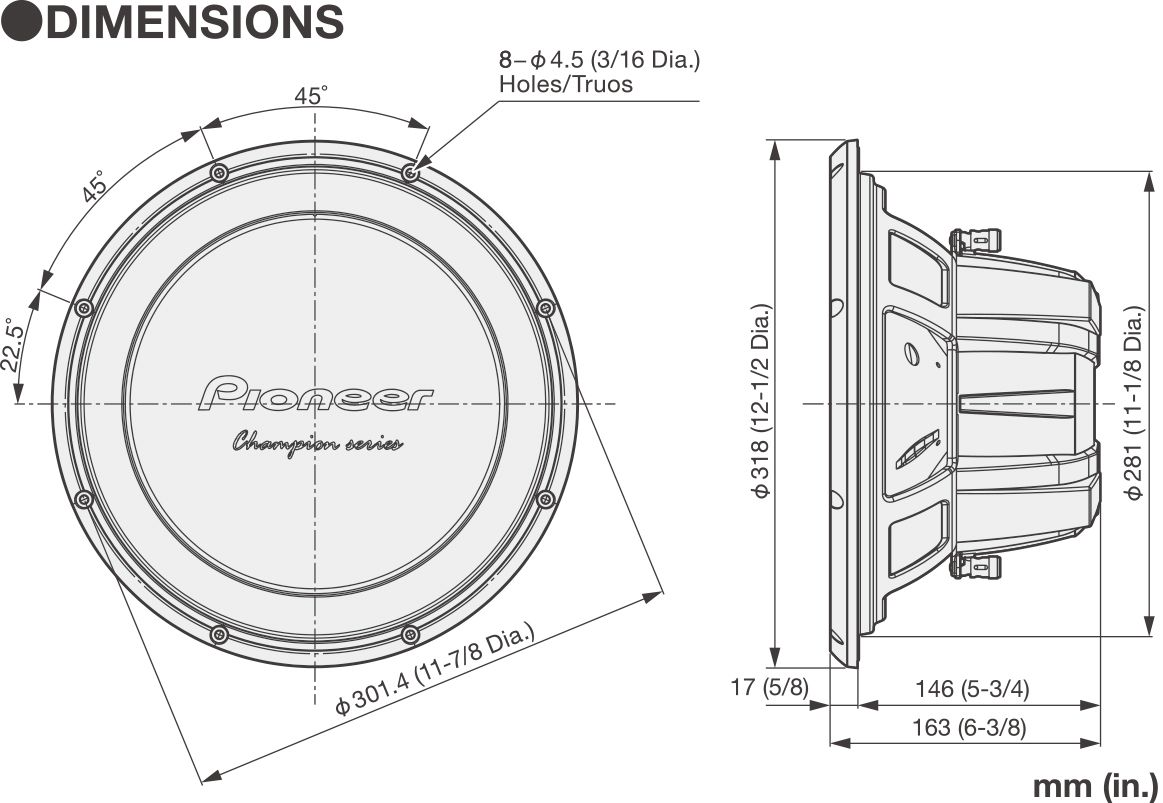 Pioneer TS-W32D4, 12-tums / 300 mm subwoofer, 2 × 4 ohm