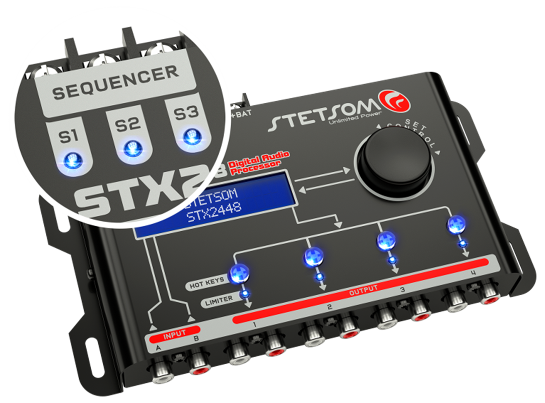 Stetsom STX2448, digital ljudprocessor med 2 ingångar och 4 utgångar