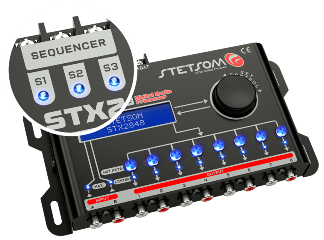 Stetsom STX2848, digital ljudprocessor med 2 ingångar och 8 utgångar