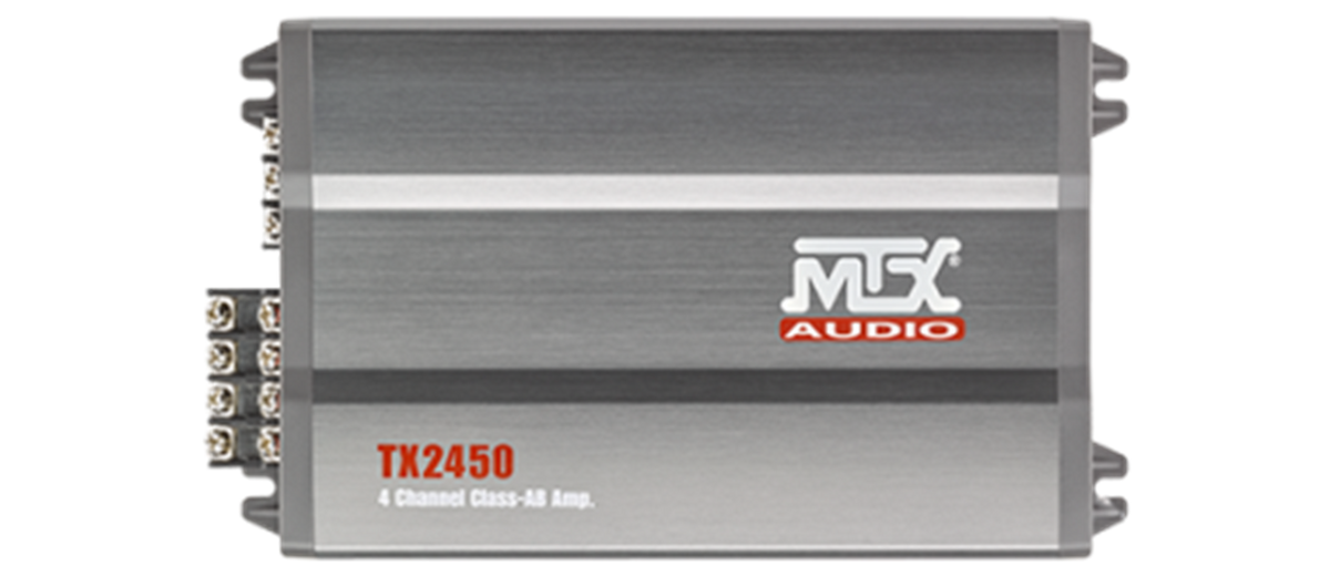 MTX TX2450, 4-kanals klass AB-förstärkare, 300 W RMS med variabel aktiv delning